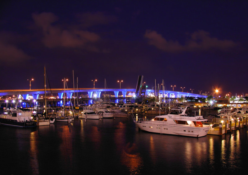 Port Boulevard Causeway, Miami, at night from Bayside