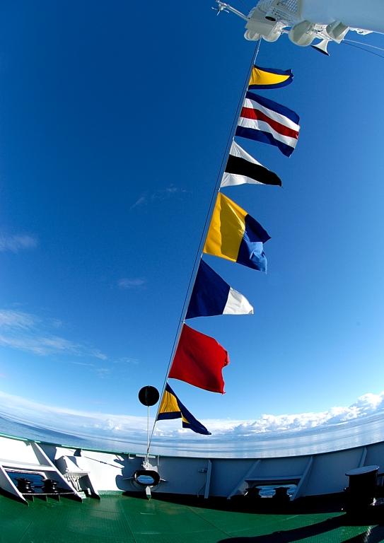 Flags dress the foredeck