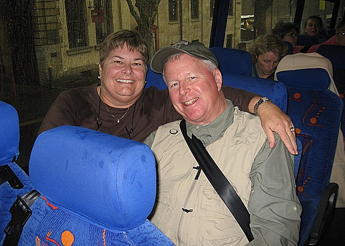 Bus tour of the city on a rainy day