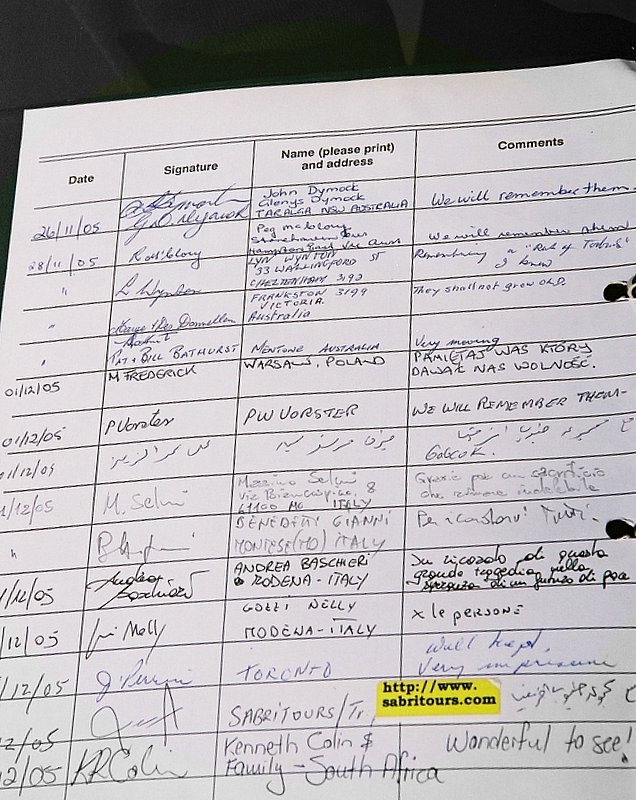 page from guestbook at Knightsbridge cemetry Tobruk