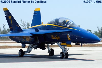 USN Blue Angels #7 F/A-18 Hornet under power at Opa-locka Airport before flight demo military air show stock photo #1007