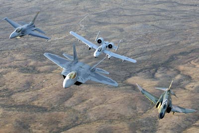 USAF F-16 Fighting Falcon, FA-22 Raptor, A-10 Thunderbolt II and F-4 Phantom over Tucson, AZ