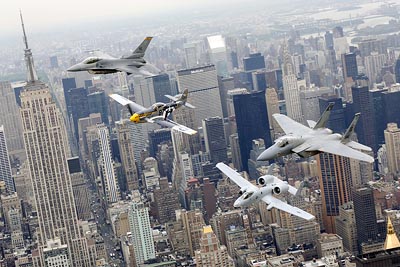 Heritage Flight over New York City featuring F-16 Fighting Falcon,, P-51 Mustang, A-10 Thunderbolt II and F-15 Eagle