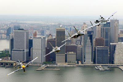 Heritage Flight over New York City featuring P-51 Mustang, F-16 Fighting Falcon, F-15 Eagle and A-10 Thunderbolt II