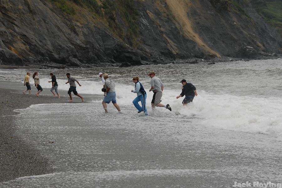 Agate hunters running from the surf, Agate Beach, Patricks Point State Park