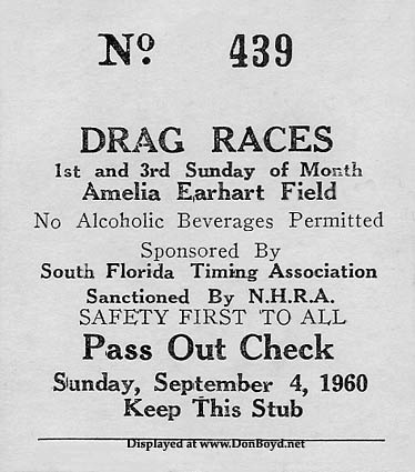 1960 - pass out check for the Amelia Earhart Field Drag Races, Hialeah