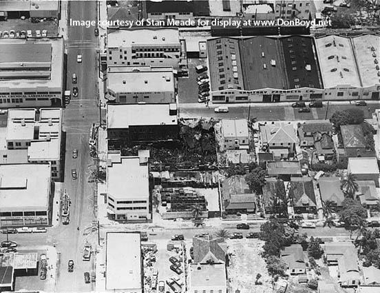 1950s - aerial view of fire damaged warehouse in downtown Miami