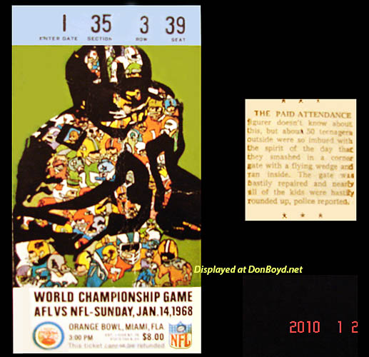 1968 - Super Bowl II in the Orange Bowl - $8.00 tickets and article about 50 kids crashing the gate
