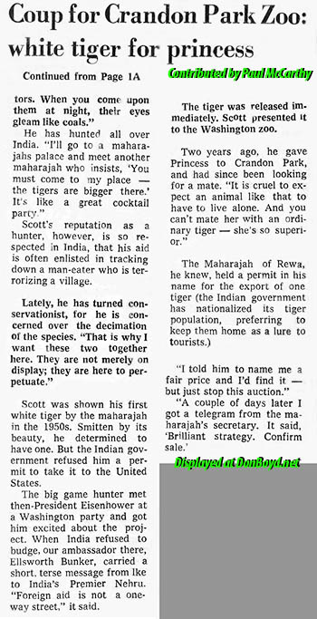 1970 - article about Rajah the white tiger donation to the Crandon Park Zoo a week before Princess died - Part 2