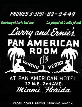 1940s - matchbook cover for Larry and Ernies Pan American Room at the Pan American Hotel