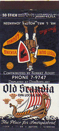 Early 1950s - matchbook cover for Old Scandia Restaurant in Opa-locka