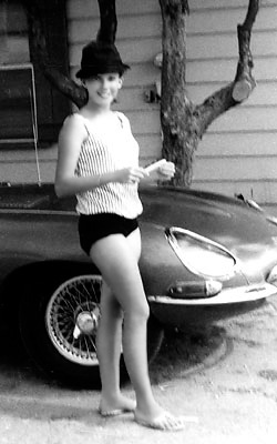 1965 - Mary Ann Knight with a Jaguar XKE at Ft. Lauderdale beach