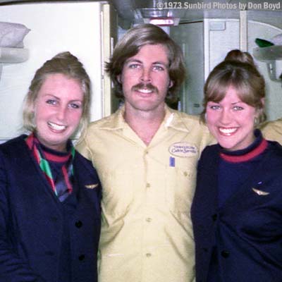 1973 - United Airlines Flight Attendants Pat Ban and Denise Bentzinger with Rob Greene who worked with me on the ramp at United