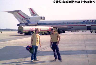 1973 - Rob Greene and Joe Mullery Jr. on the ramp with United B727-222 N7620U in background