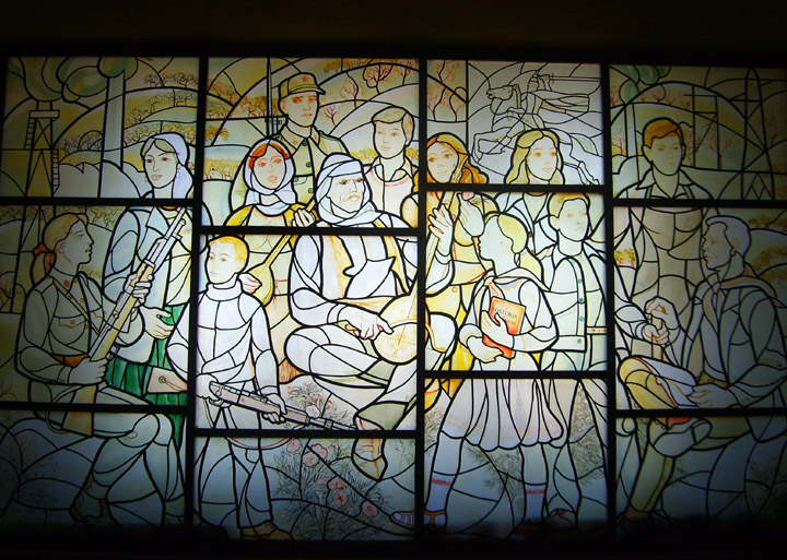 a new spin on skenderbej, stain glass with communist young pioneers