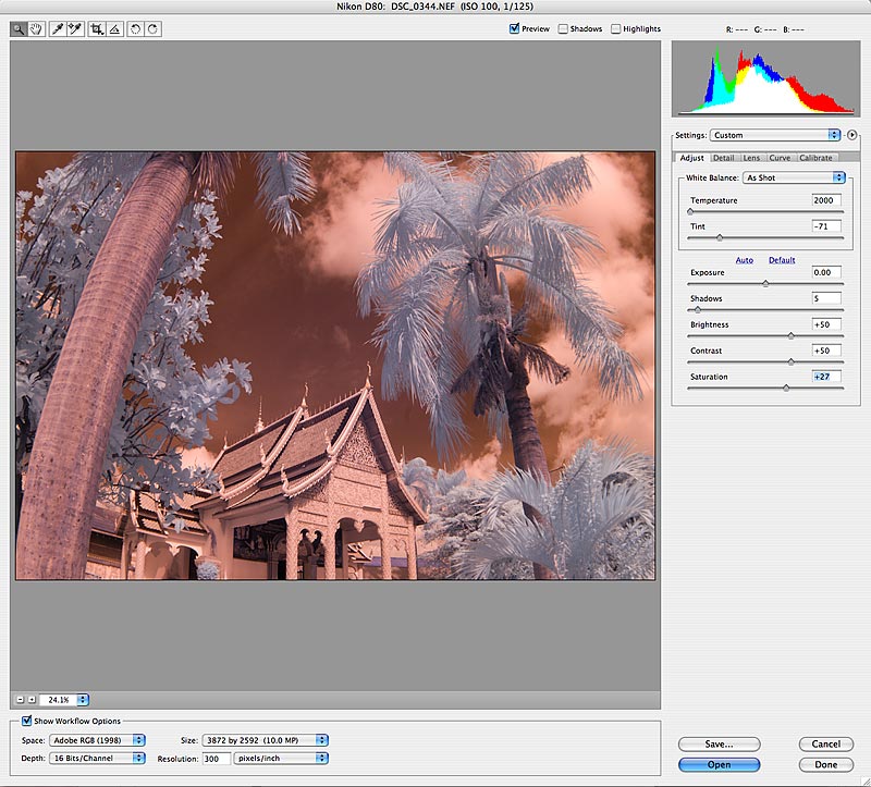 I Begin by opening the raw file in Adobe Camera Raw. I mainly just adjust shadows, contrast, and saturation to my liking. Note that the color temperature is as low as it can go (2000K). I leave it in 16 bit if there's a chance I'll be printing it. For this demo, let's work with it in 8 bit to speed things along.