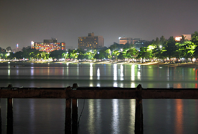 The waterfront at night.