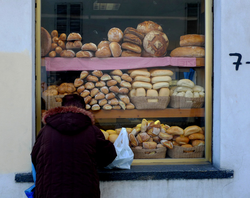 Bread juxtaposed in window