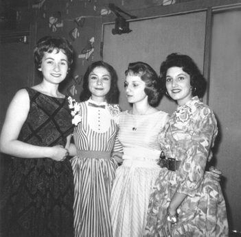 Cousins Phyllis, Susan & Carole (mother's side) & Marilyn Pessin (Phyllis' cousin) at Phyllis' sweet 16 birthday party (1954)
