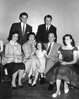 Left to right: front row - Sybil, Helen, Sara, Abe and Ruth; back row - Fred (Sybils husband) and Sam  (mothers side) (1955)