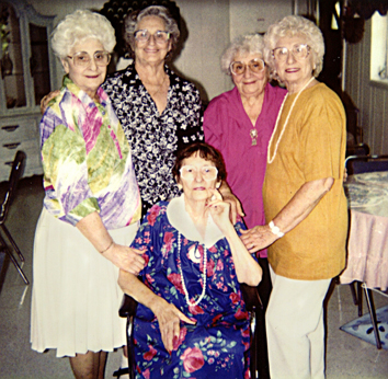 Left to right, Richard's aunts: Lilly, Clara, Betty, Rosie. Richard's mother Hilda in front (1990's)