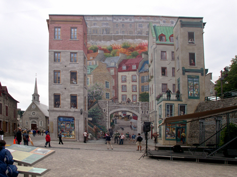 The Fresque des Qubecois, a 4,665 square foot mural  on the side of a building near Place Royale.