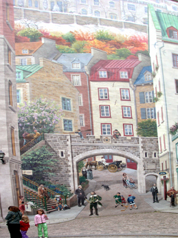 Close-up of part of the Fresque des Qubecois mural on the side of a building in the Lower Town section of Old Qubec.