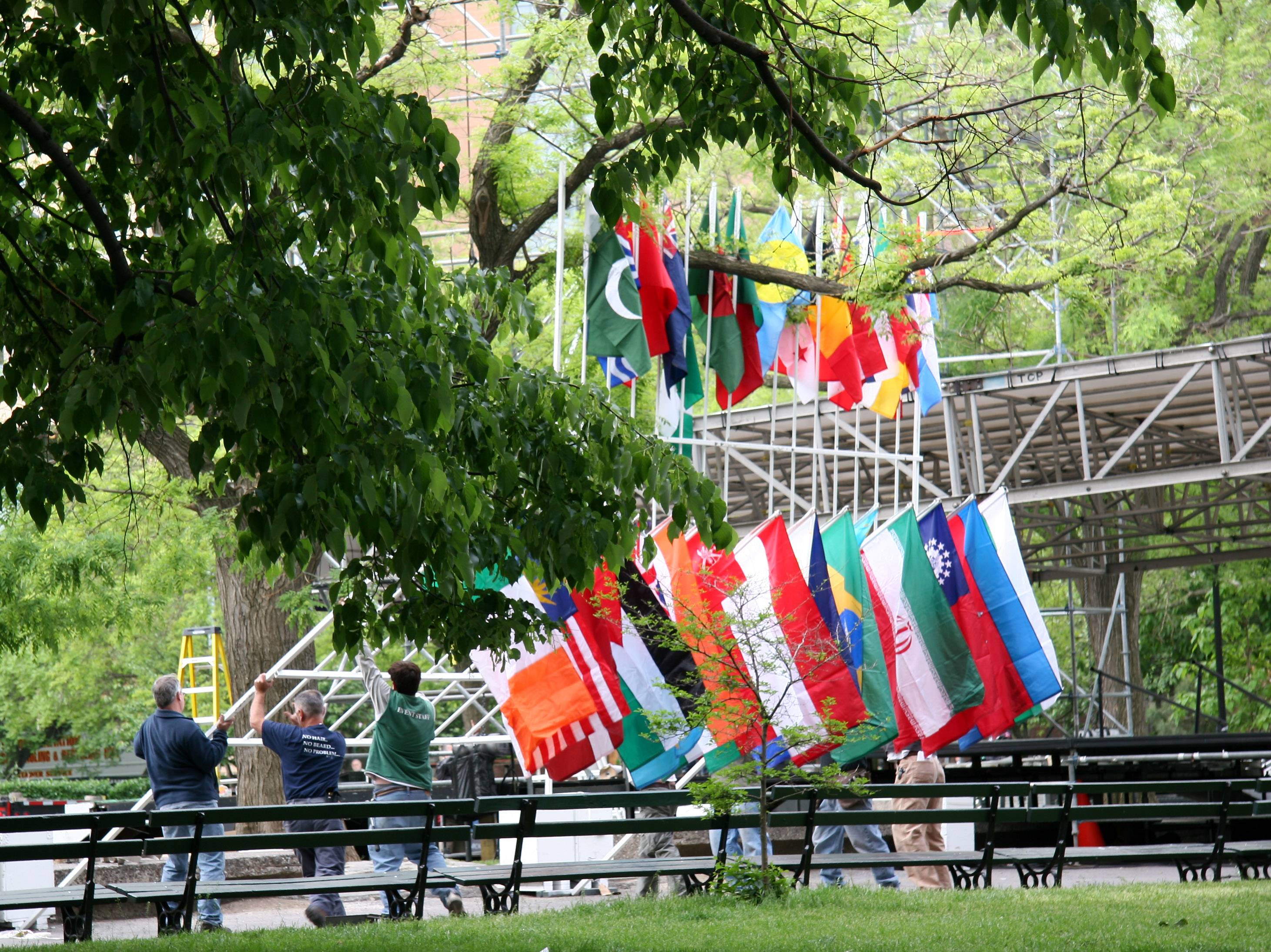 NYU Commencement  Preparations - Raising the World Flags
