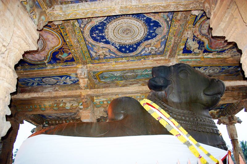 Nandi with the paintings above, Brihadeeswara Temple, Thanjavur, India