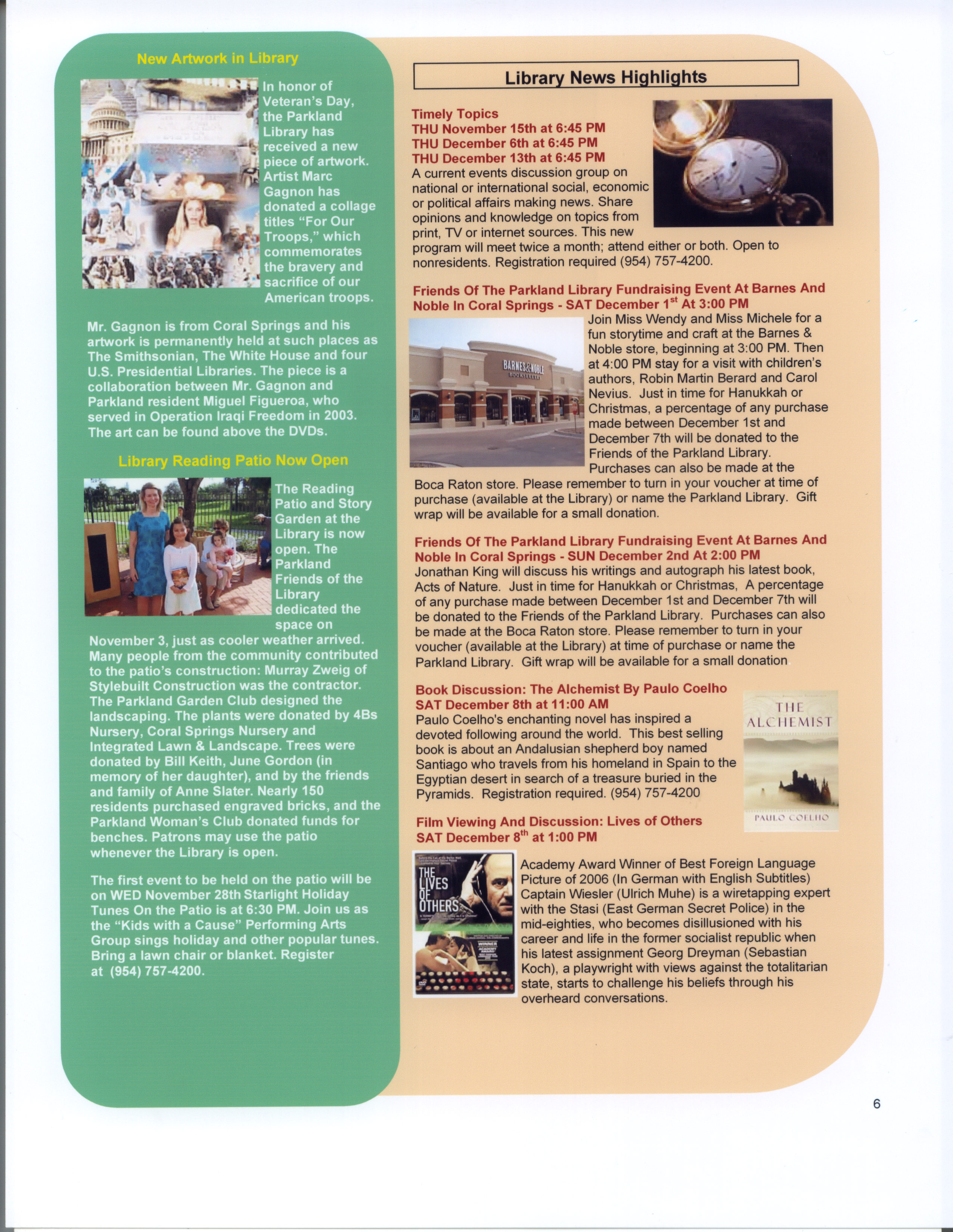 Parkland Newsletter regarding the Gagnon donation of art