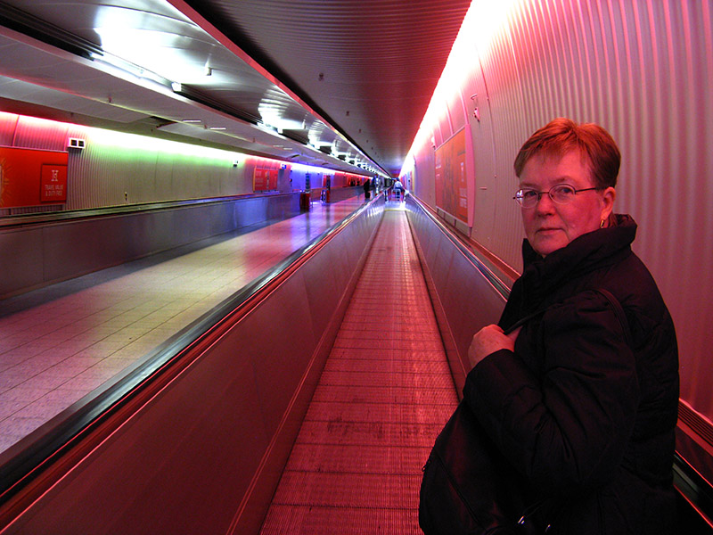 Margaret enjoying the light show on the ramp walkway  .. B0667