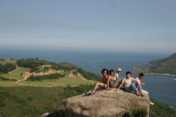 Carol, Joyce, Lisa, Gary, and Anson on the Rock at Tin Ha Shan (Wide)