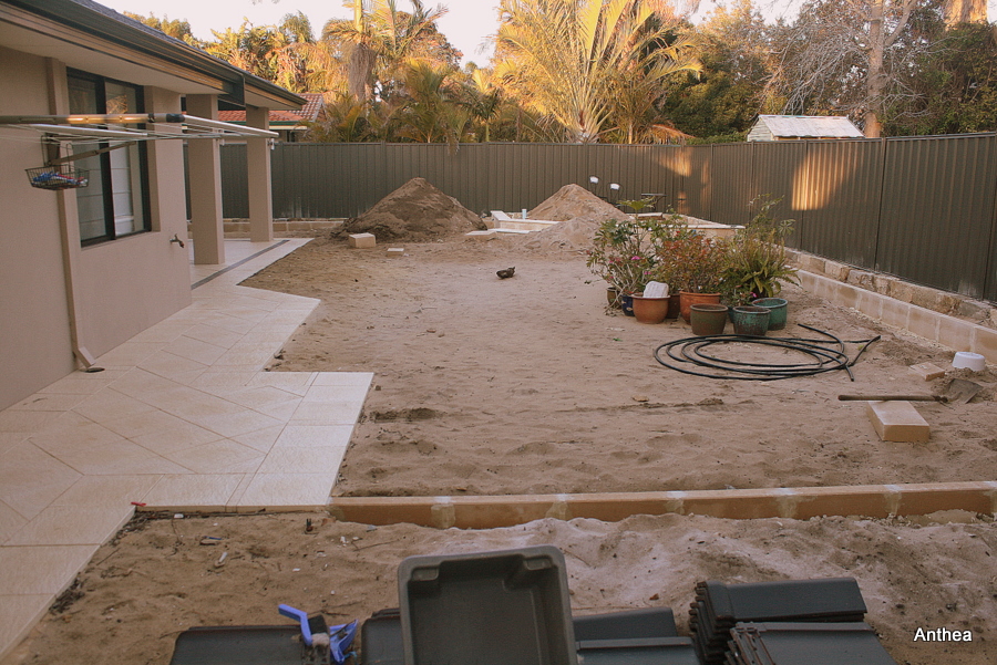 The stone work is ready for the vegetable garden area and the garden bed border on the back boundary.