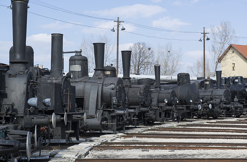 Array of old locomotives