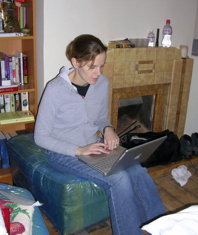 Barbara computing upstairs, in front of neat Art Deco fireplace