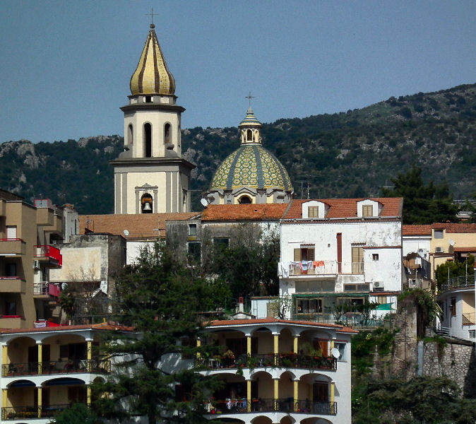 Vico Equense with church of San Ciro and Giovanni from footpath down to marina Seiano