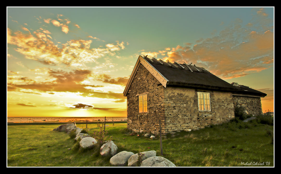 Sunset on Hahns fishing cottage, land