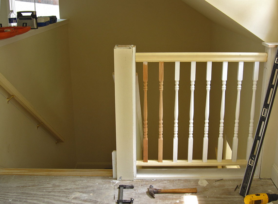 Railing in place, constructing newel post