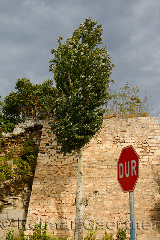 Turkish stop sign at the outer rampart sea wall of Constantinople now Istanbul Turkey