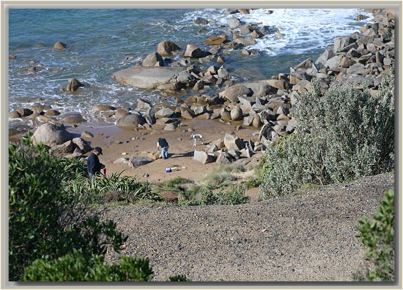 People and dog on rocks