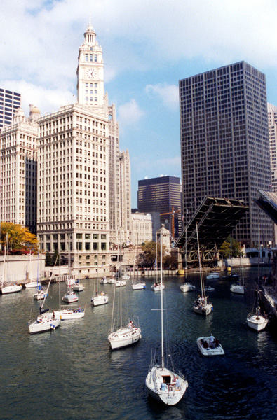 Sail Boats return to dry dock <BR>at the end of the season down the Chicago River