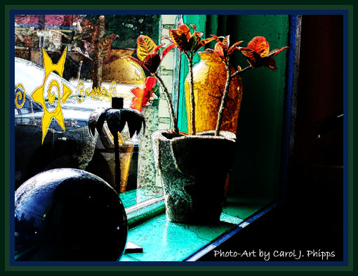 Vases in Restaurant Window.
