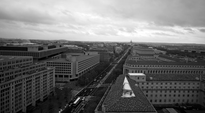 View looking towards Capitol Hill with FBI Building on the left from the Old Post Office Building 