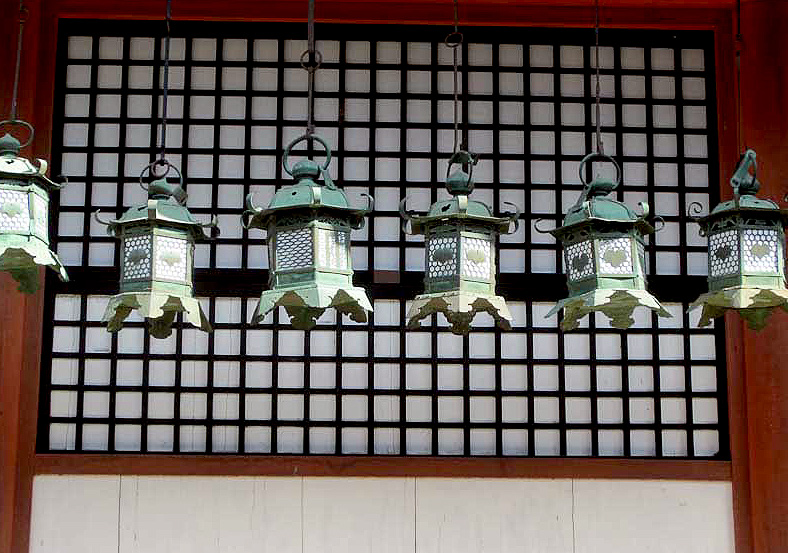 Rice paper wall and lanterns, Nara