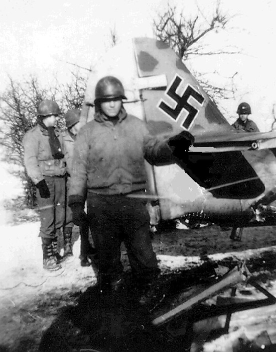 Flenory Griggs, in front of The Me 109s rudder, Oberfelsberg Germany