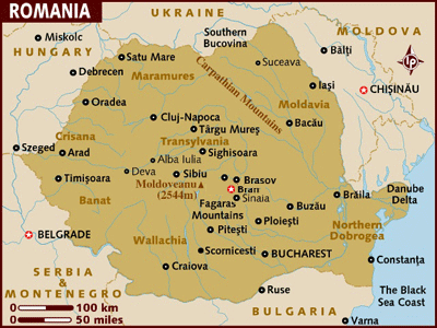 Map of Romania with a star indicating Bran's location.