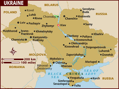 Map of the Ukraine with a star indicating Kiev's location.