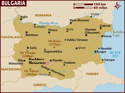Map of Bulgaria with a star indicating Bachkovo Manastery's location.