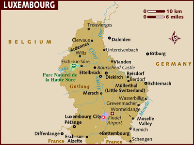 Map of Luxembourg with star indicating Luxembourg City.