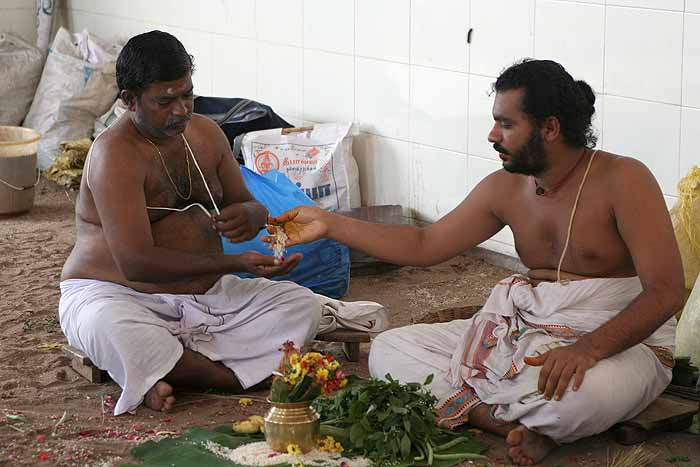 A Brahmin celebrates the anniversary of his fathers death in Srirangam, Tamil Nadu.